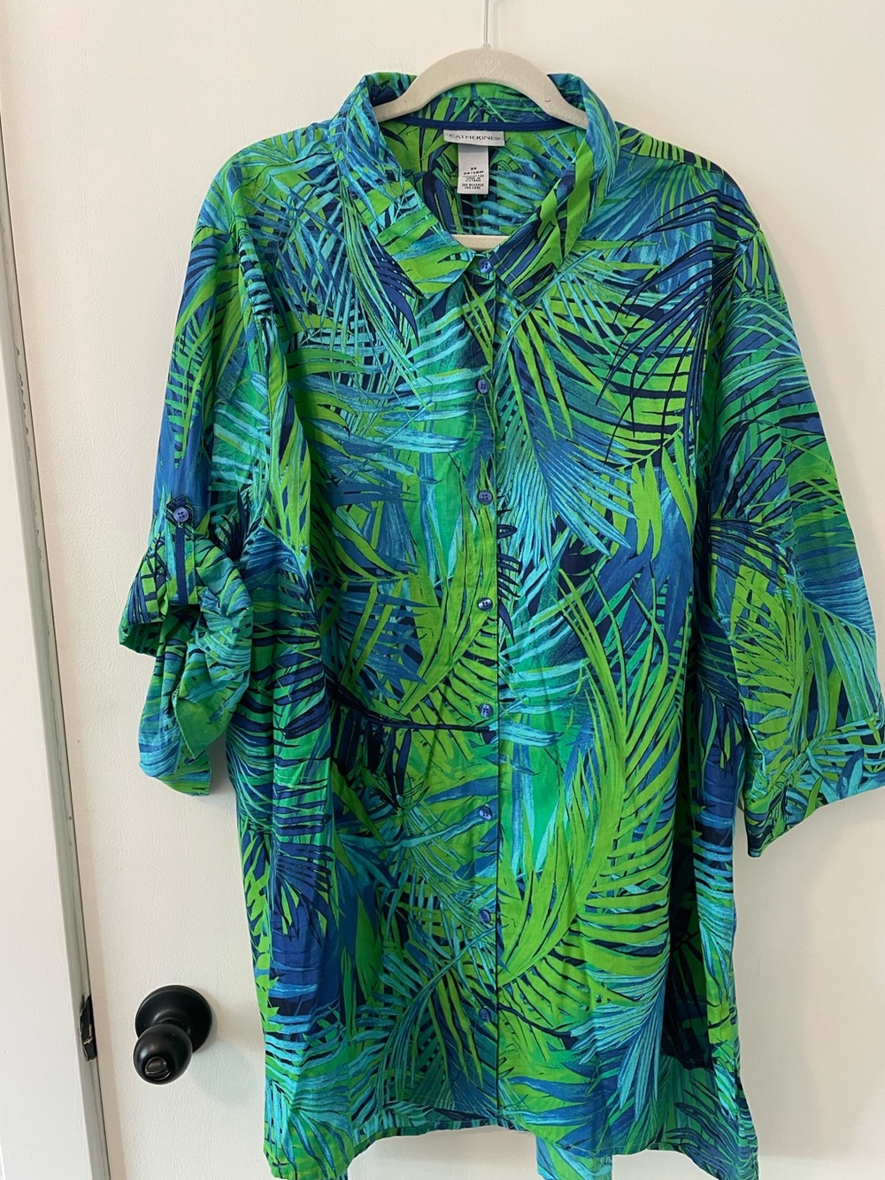 Catherine's 3X Tropical Leaf Cotton Button Down Duster Shirt NWT 054